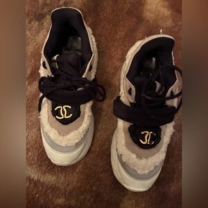 Handmade Black and Cream Sneakers with Gold Emblem